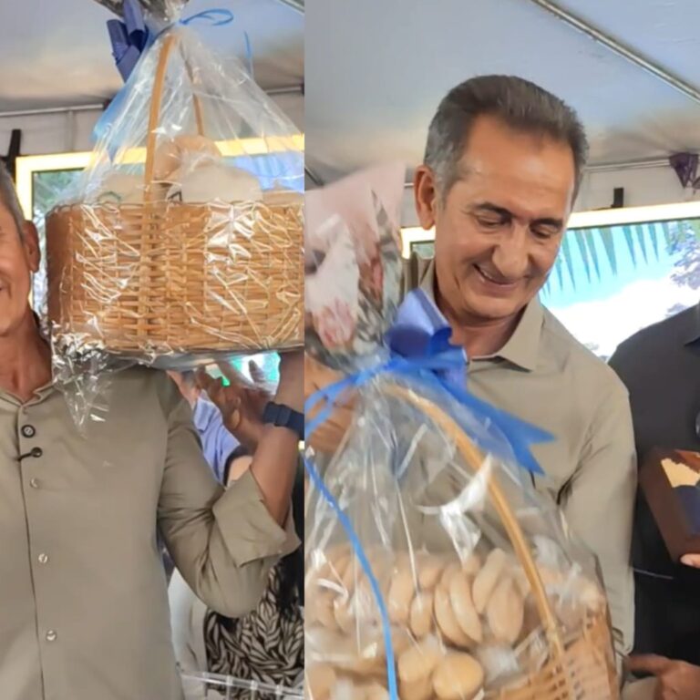 Ministro elogia hospitalidade acreana após receber, de prefeito de Mâncio Lima, cesta recheada com farinha